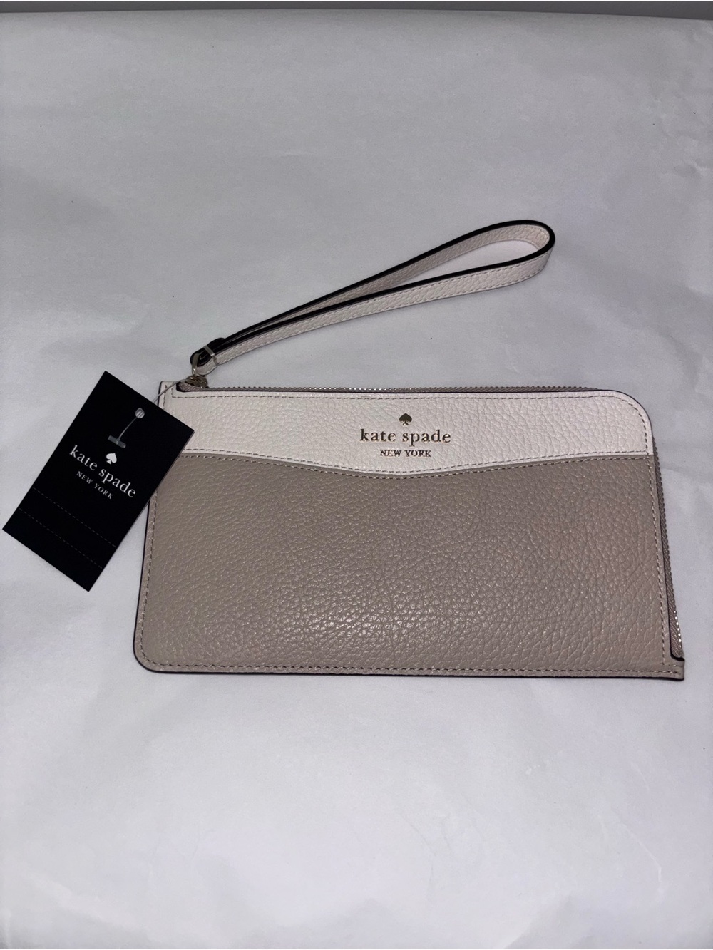 Kate Spade NEW Lucy ecru tan cream colorblock leather zip around wristlet purse
